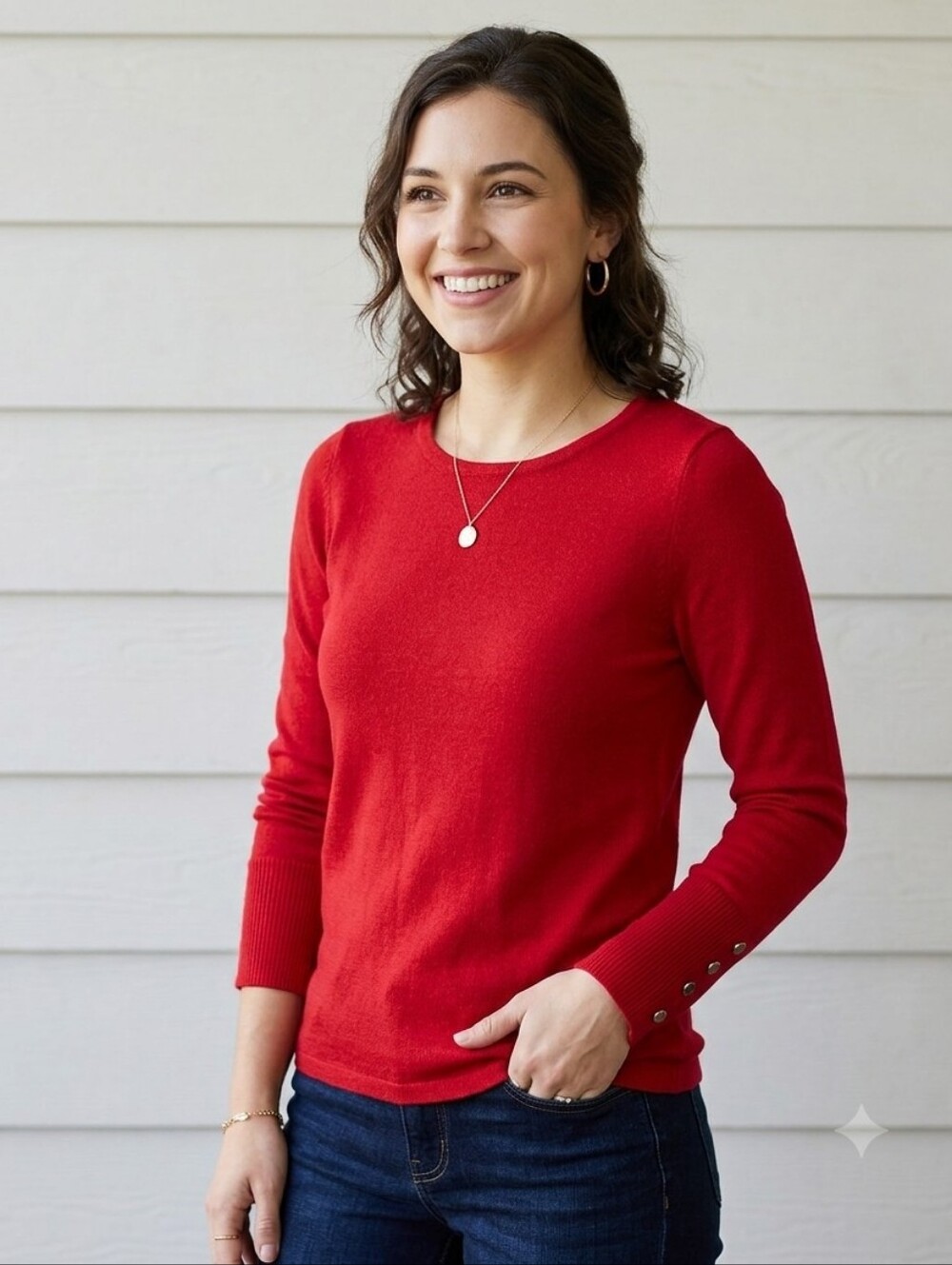 Chico's Red Crewneck Knit Sweater Petite Size 0P Gold Button Cuffs